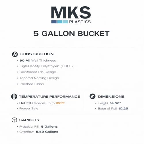 MKS Plastics 5-Gallon Bucket with Airtight Lid – Made in USA, Food Grade BPA Free Plastic, Heavy Duty Multi-Use, Metal Handle with Grip, Stackable Storage – White, 1 Pack - color: 5 Gallon - White, size: 1