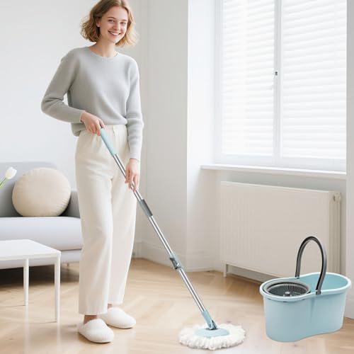 Spin Mop and Bucket with Wringer Set, 360° Spinning Mop Bucket System with 3 Microfiber Mop Replacement Heads and 50" Stainless Steel Adjustable Handle for Floor Cleaning - color: Blue-3