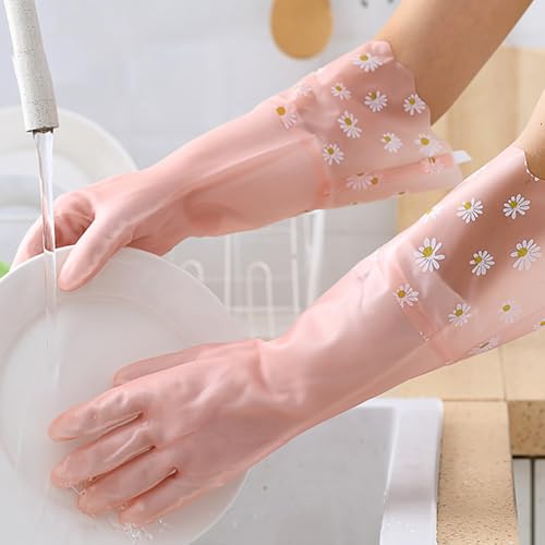 2 Pairs Daisy Flower Dishwashing Gloves Rubber Cleaning Gloves Kitchen Work Gloves Long Cuff Waterproof Gloves Gardening Household Gloves Reusable Dish Washing Gloves for Laundry
