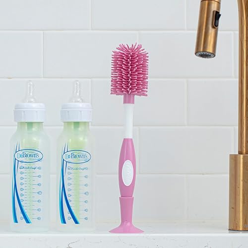 Dr. Brown's Soft Touch No Scratch Baby Bottle Cleaning Brush, Nipple Cleaner & Suction Cup Base for Easy Storage, BPA Free, Pink (Pack of 4)