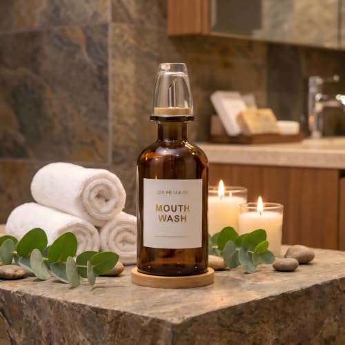 11.8OZ Glass Mouthwash Dispenser for Bathroom with Stainless Steel & Bamboo Nozzle, Mouthwash Cup Reusable, Bamboo Tray, and Elegant Gold Sticker.(Amber - color: Amber/350*1
