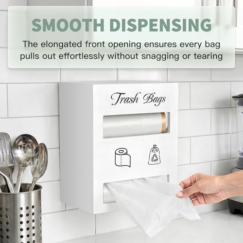 2 in 1 Trash Bag Dispenser, Double Wall Mounted,Wood Trash Bag Holder, used in kitchen, garage, laundry room, can store Environmentally friendly food bags and garbage bags (White/Large) - color: White/Large