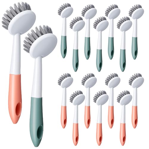 16 Pack Kitchen Scrub Dish Brush with Long Handle Dish Scrubber with Stiff Bristles Scrub Brushes for Housekeeping for Pots and Pans, Kitchen Sink, Multicolor