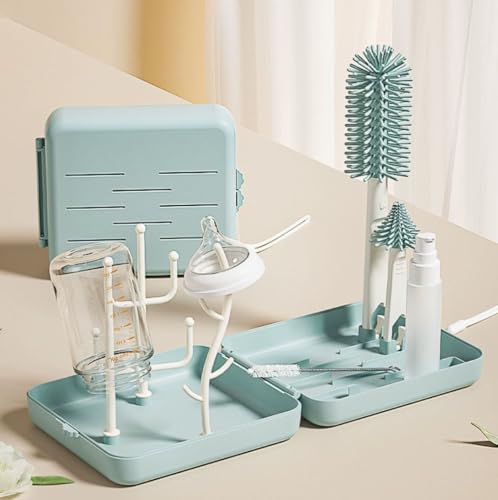 6 in 1 Bottle Cleaning Set, Portable Silicone Bottle Brush Kit with Drying Rack & Storage Case, Travel & Home Use, Outdoor Essentials(Green) - color: Green