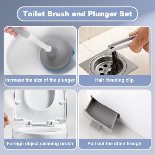 Toilet Brush and Plunger Set 4 in 1 Toilet Brush and Holder with Crevice Cleaning Brush and Clip Deep Cleaning, Wall Mounted Home Bathroom Cleaning Tool Combo (Gray 1)