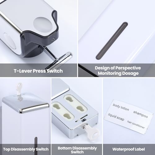 EHORIA 3-in-1 Quadrate Dispensers for The Shower,Shower soap Dispenser,Conditioner Dispenser, Shampoo Dispenser,No Drilled Wall Mounted Distributor,Hotel,Bathroom,Home - color: Triple, White