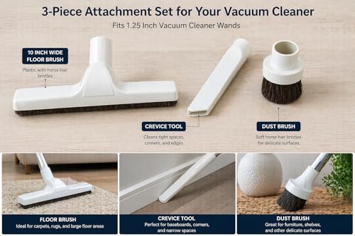 Plastic Floor Brush with Horse Hair Bristles Tool Attachment Fits 1.25 Inch Vacuum Cleaner Wands, 10 Inch Wide Cleaning Path, White. (10" Floor Tool, 3" Floor Brush, Crevice Tool) - size: 10" Floor Tool, 3" Floor Brush, Crevice Tool