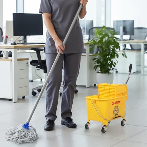 PLASTIC PRINCE Mop Bucket with NEW Reinforced Metal Wringer on Wheels Small Dual Chamber Industrial Mop Bucket with Reinforced Metal Wringer Separate Dirty Water for Business Household 20 Quart Yellow