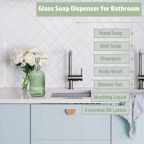 14Oz Green Soap Dispenser Bathroom, Clear Glass Hand Soap Dispensers with Stainless Steel Pump, Refillable Dish Soap Dispenser with Funnel for Kitchen, Countertop Soap Dispensers - color: Green