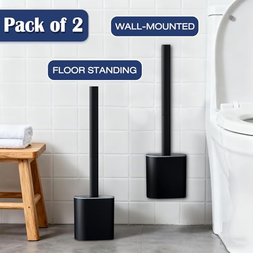 Toilet Brush and Holder Set, Wall Mounted Toilet Bowl Brush Head with Silicone Bristles, 2 Pack Black Compact Size for Storage and Organization Scrub Brush for RV Bathroom Accessories