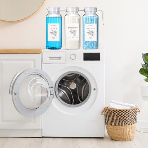 Potchen 3 Pack Laundry Detergent Dispenser Set, Clear Acrylic Liquid Detergent Container with Labels & Measuring Cups, Fabric Softener Dispenser for Laundry Room Organization(50 oz) - size: 50 oz