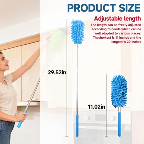 Extendable Microfiber Duster, Telescoping Dusting Brush for Home and Car Cleaning, Adjustable Length, Soft and Flexible - color: Elongated Blue