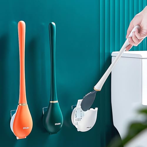 Modern Flexible Silicone Toilet Caspa for Home 2025 Silicone Toilet Wand Bowl Brush and Holder Cleaning Set Wall Mounted Rubber Bathroom Toilet Scrubber Bowl Cleaner Brushes with Dispenser (Orange) - color: Orange