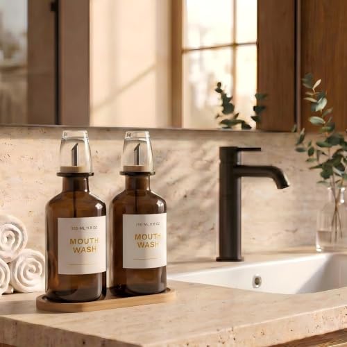 11.8OZ Glass Mouthwash Dispenser for Bathroom with Stainless Steel & Bamboo Nozzle, Mouthwash Cup Reusable, Bamboo Tray, and Elegant Gold Sticker.Set of 2(Amber - color: Amber/350*2