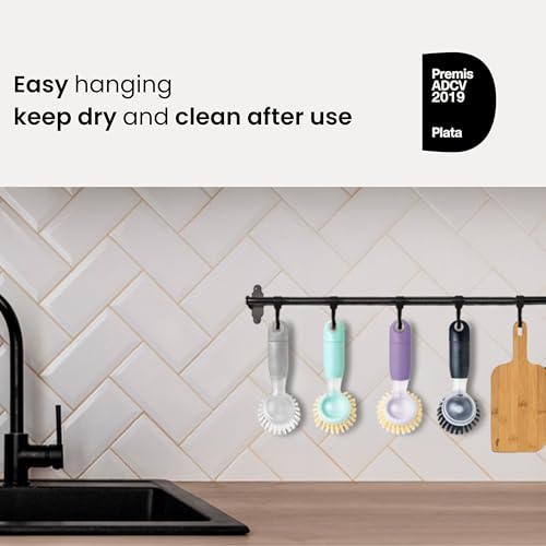 Vigar Rengo Dish Brush with Soap Dispenser - Dish Scrubber with Handle, Kitchen Scrub Brush for Dishes, Sink Cleaning Brush, Soap Dispensing Dish Wand with Nylon Bristles, Non Scratch - Purple - color: Purple