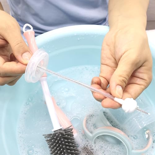 Silicone Cleaning Brush, 12" Long Handle Water Bottle Cleaner for Baby, Sports, Vase, Glassware, and Smaller Diameter Openings - color: Pink