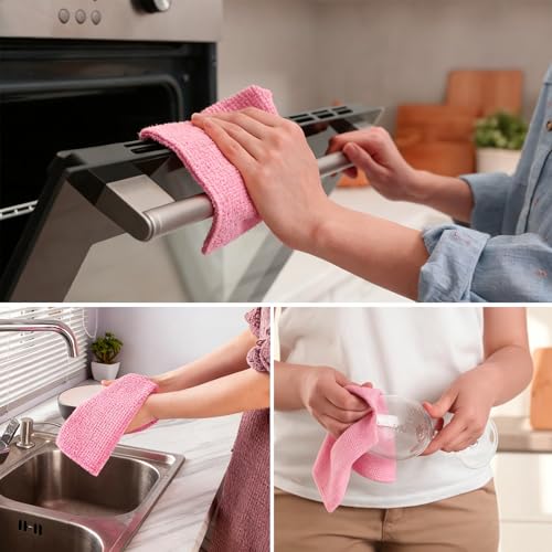 Microfiber Cleaning Cloth Roll, Tear-Away Reusable Towels, 10" x 10" Dish Cloth, 20 Sheets Washable, Lint-Free Microfiber Cloth for Kitchen, Home, Shop, Cleaning Supplies (Pink)
