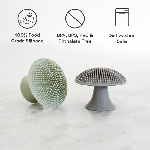 ezpz Mushroom Sponge (Gray) - Odor-Resistant Kitchen Sponge with Soft Bristles, Non-Slip Handle, Suction Base - Gently Cleans Pans, Dishes and Feeding Gear - color: Gray