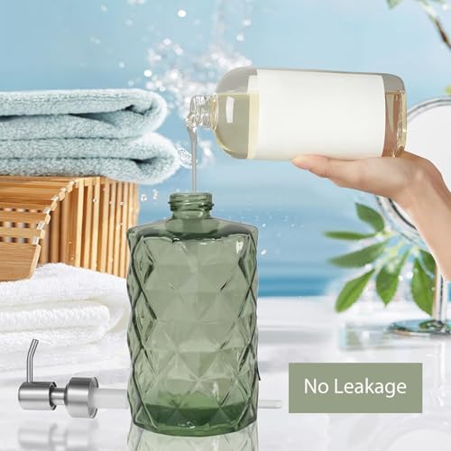 12Oz Green Soap Dispenser Bathroom - 2 Pack, Clear Glass Hand Soap Dispensers with Stainless Steel Pump, Refillable Dish Soap Dispenser for Kitchen, Countertop Soap Dispensers - color: Diamond Green(2-pack)