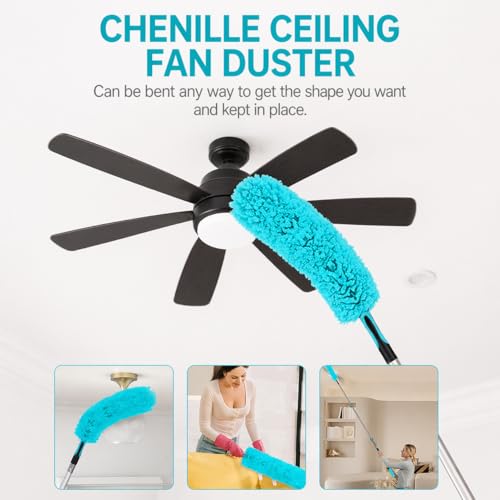 High Ceiling Duster Kit with 4.5-18T Heavy Duty Extension Pole, Reaches Up to 25FT, Includes Microfiber Feather Duster, Cobweb and Ceiling Fan Duster, Window Squeegee Cleaner & Skylight Hook (18FT) - size: 18FT