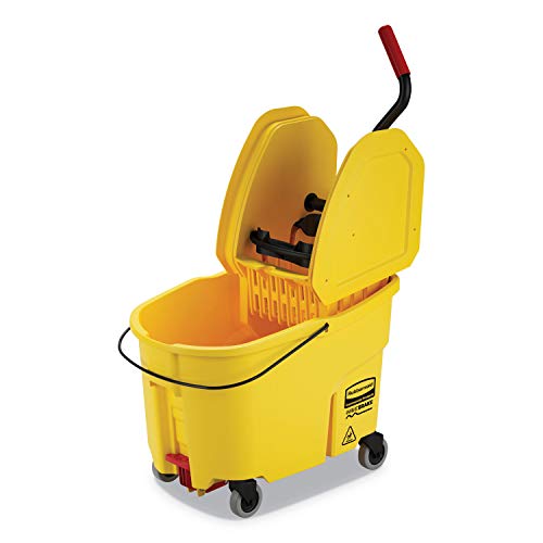 Rubbermaid Commercial Products WaveBrake 44 QT Down-Press Mop Bucket and Wringer Combo on Wheels with Foot Drain Yellow for Heavy-Duty Floor Cleaning - style: Down-Press