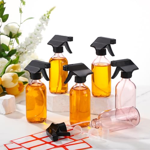 Norme 24 Pcs Glass Spray Bottles with Funnels and Labels 8 oz Refillable Cosmetic Empty Spray Containers with Trigger Squirt Containers for Essential Oil Cleaning Solutions (Pink) - color: Pink