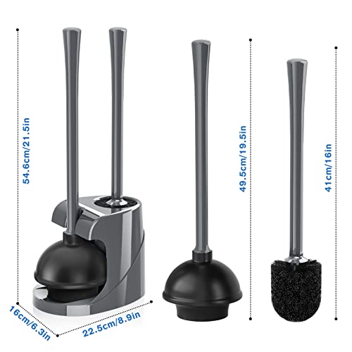 Toilet Plunger and Brush, Bowl Brush and Heavy Duty Toilet Plunger Set with Ventilated Holder, 2-in-1 Bathroom Cleaning Combo with Modern Caddy Stand for 5.7-inch Toilet Drain(Grey, 2 Set) - color: Gray