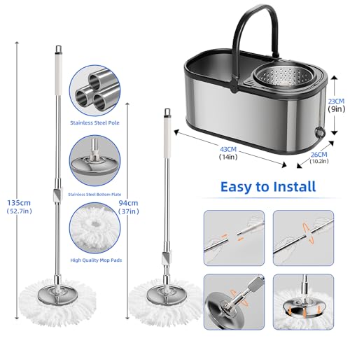 Spin Mop and Bucket with Wringer Set for Home,360° Mop and Bucket with Separate Clean and Dirty Water,Wet Dust Mop for Floor Cleaning with Extra Refills (Silver) - color: Silver-1