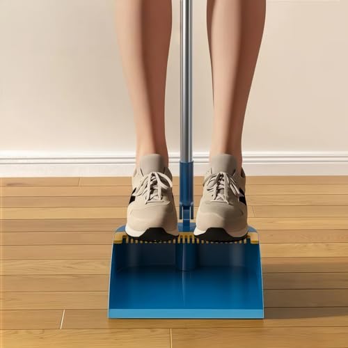Broom and Dustpan Set, Long Handle Standing Broom with Self-Cleaning Comb Teeth, Heavy Duty Broom Dustpan Combo for Home Kitchen Office Floor Pet Hair Cleaning (Grayyellow) - color: Grayyellow