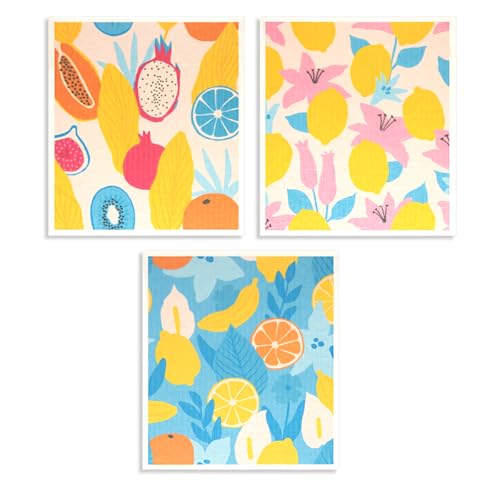 6 - Pack Swedish Kitchen Dish Cloths - Reusable Paper Towels for Counters & Dishes - Eco Friendly Cellulose Sponge Cloth (Fruit Plants) - color: G-fruit Plants