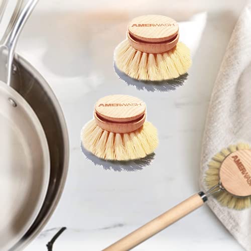 AMERWASH PLUS Classic Dish Brush Replacement Head 3 Packs, Natural Bristle Tampico Fiber for All Purpose Cleaning, Kitchen Scrubber - size: 3 Piece Brush Head Set