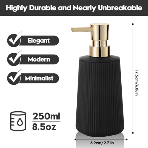 Small Soap Dispenser for Bathroom and Kitchen, Modern Farmhouse Striped Style Plastic Hand Soap Dish Soap Dispenser with Pump Matte Black and Gold - color: Black and Gold