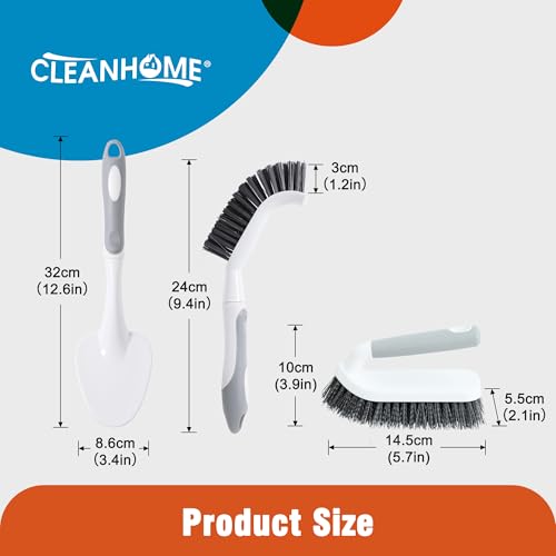 CLEANHOME 3 Pcs Scrub Brush,Multifunctional Cleaning Brush Set with Non-Slip Handle and Sturdy Bristles,Scrub Brushes for Cleaning Bathroom,Kitchen,Grout,Tile,Grey