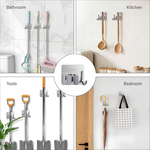 5 Pack Mop and Broom Holder Wall Mount, Silver Stainless Steel Mop and Broom Hanger with Hooks, Mop Broom Organizer for Closet Laundry Garage Garden Tool Organizer (Silver) - color: Silver