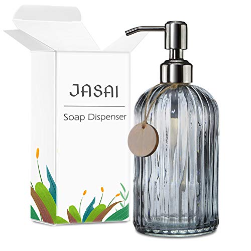 JASAI 18 Oz Vertical Stripes Kitchen Soap Dispenser with 304 Rust Proof Stainless Steel Pump, Refillable Liquid Soap Dispenser for Bathroom, Kitchen, Hand Soap, Dish Soap (Clear Grey) - color: Gray