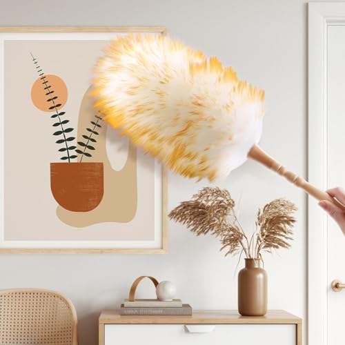 Lambswool Duster with Solid Wooden Handle,Leather Hang Strap,Comfortable Grips 19.6 inch Long Natural Feathers Dusters for Cleaning Wall Plant Desk Blind Cleaner Duster Tool - size: 19.6inch
