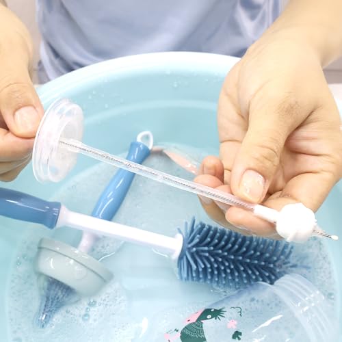 Silicone Cleaning Brush, 12" Long Handle Water Bottle Cleaner for Baby, Sports, Vase, Glassware, and Smaller Diameter Openings - color: Blue