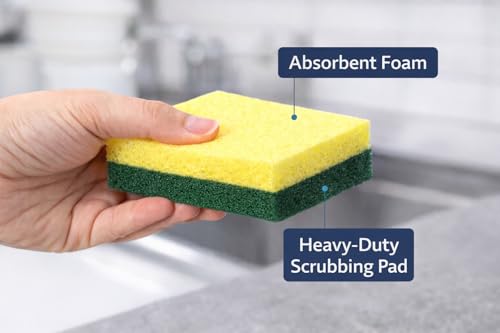 Full Size Dual-Sided Heavy Duty Cleaning Sponges – 40 Pack - Yellow Foam & Green Non-Scratch Scrub Pad – Individually Wrapped Commercial Dish & Surface Sponges for Kitchen, Restaurant & Janitorial Use