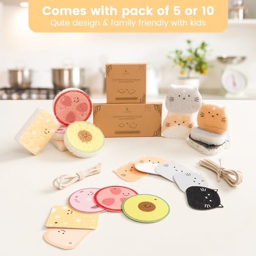 Cellulose Compressed Eco-Sponge 5 Pack- Avocado Sandwich Set |Standard Size| Plastic-Free & Made of All-Natural Wood Pulp | Showering, Dishwashing & Cleaning for Household, Kitchen & Bathroom
