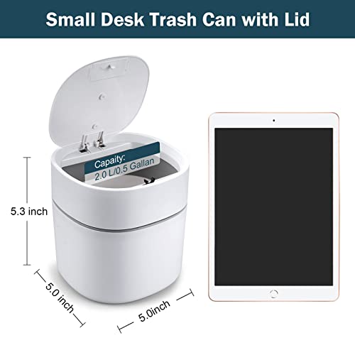 Mini Desk Trash Can with Lid with Trash Bags 180 pcs Press-Top 0.5 Gallon Tiny Countertop Waste Basket Small Table Top Plastic Covered Garbage Bin for Desk Top - color: White