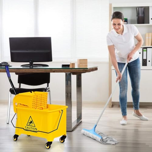 Mop Bucket, Commercial Bucket for Mopping on Wheels with Potable Handle, Mop Bucket with Wringer for Home, Household, Office, Bathroom, Yellow (21 Quarts) - size: 21 Quarts