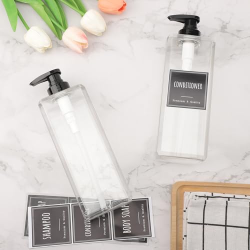 Segbeauty 33.8oz Plastic Soap Dispenser Bathroom, 2pcs Large Capacity Shampoo and Conditioner Dispenser, Square 1000ml Hand Soap Bottle Refillable, Clear Empty Pump Bottles with Waterproof Labels - color: Clear, style: 2pcs
