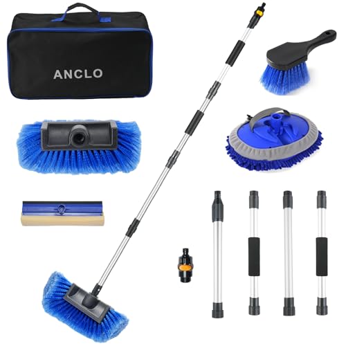 64'' Car Wash Brush with Long Handle, RV Flow-Through Wash Brush with Adjustable Handle, Anti-Scratch Plus Size Soft Car Wash Brush Mop with Hose Attachment Car Wash Kit for SUV RV Truck Boat
