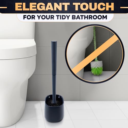 Toilet Brush and Holder Set - Silicone Toilet Bowl Brush with Black Holder Base, Compact Bath Accessory for Small Spaces - Easy to Place and Simple to Store After Use, Plastic Bathroom Cleaning Tool - color: Black