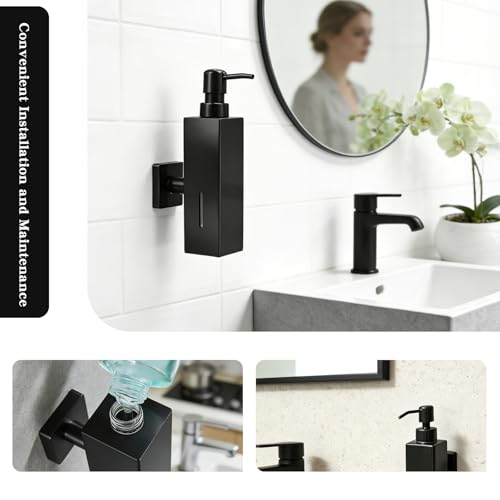 Black Soap Dispenser, Wall-Mounted 304 Stainless Steel Liquid Soap Dispenser for Kitchen and Bathroom