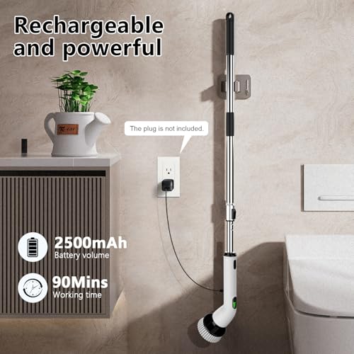 TUYU Electric Spin Scrubber, Full-Body IPX7 Waterproof Bathroom Scrubber,4 Replacement Head for Adjustable Extension Handle Electric Cleaning Brush for Bathroom, Tub, Tile