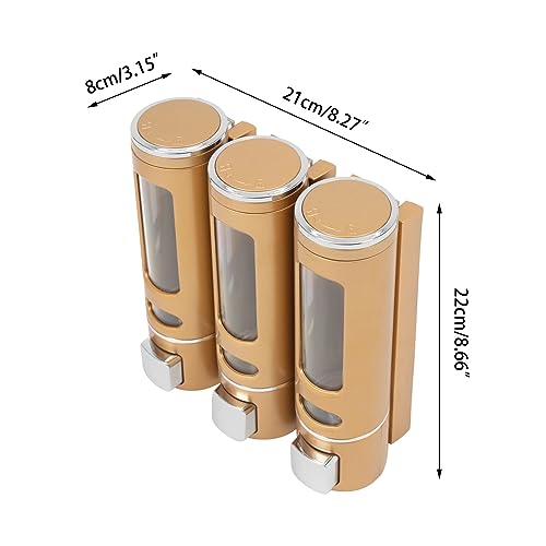 3-Head 400 ml Gold Soap Dispenser, Wall-Mount Triple Chamber Shampoo Conditioner Body Wash Pump, Bathroom Shower Gel Holder, Hotel Gym School Mall Refill Bottle, Adhesive or Screw Install