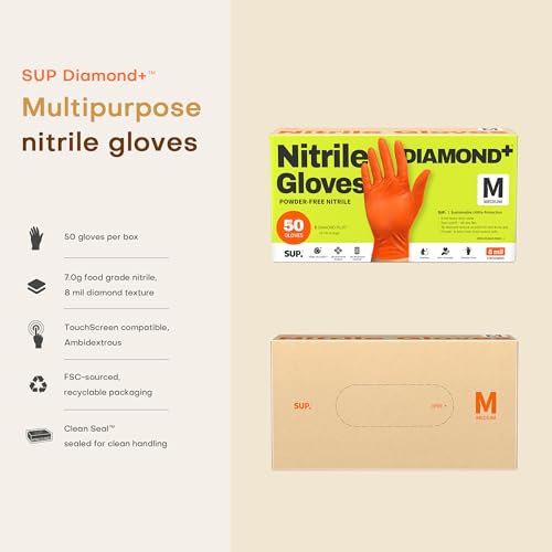 SUPER+ HEAVY DUTY Nitrile Gloves 8 Mil Diamond Texture Disposable Chemical Resistant Powder &Latex Free Food Safe Orange 50Ct - color: Medium (Orange)