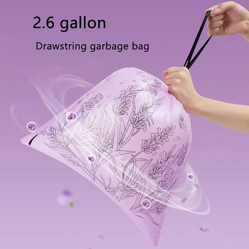 100pcs 2.6 Gallon Small Trash Bags Tearing-Free Drawstring for Bathroom Office Home Bedroom Trash Can with Purple Lavender Printed Garbage Basket Bags (2.6 Gallon Purple, 100 Count) - size: 1 Count (Pack of 100)