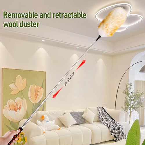 Extendable Lambswool Duster 25-64" Retractable Telescopic Handle Removable Head Multi-Surface Cleaning Tool for Ceiling Fans, Windows, High Walls, and Hard-to-Reach Areas (2pcs) - size: 25-64inch